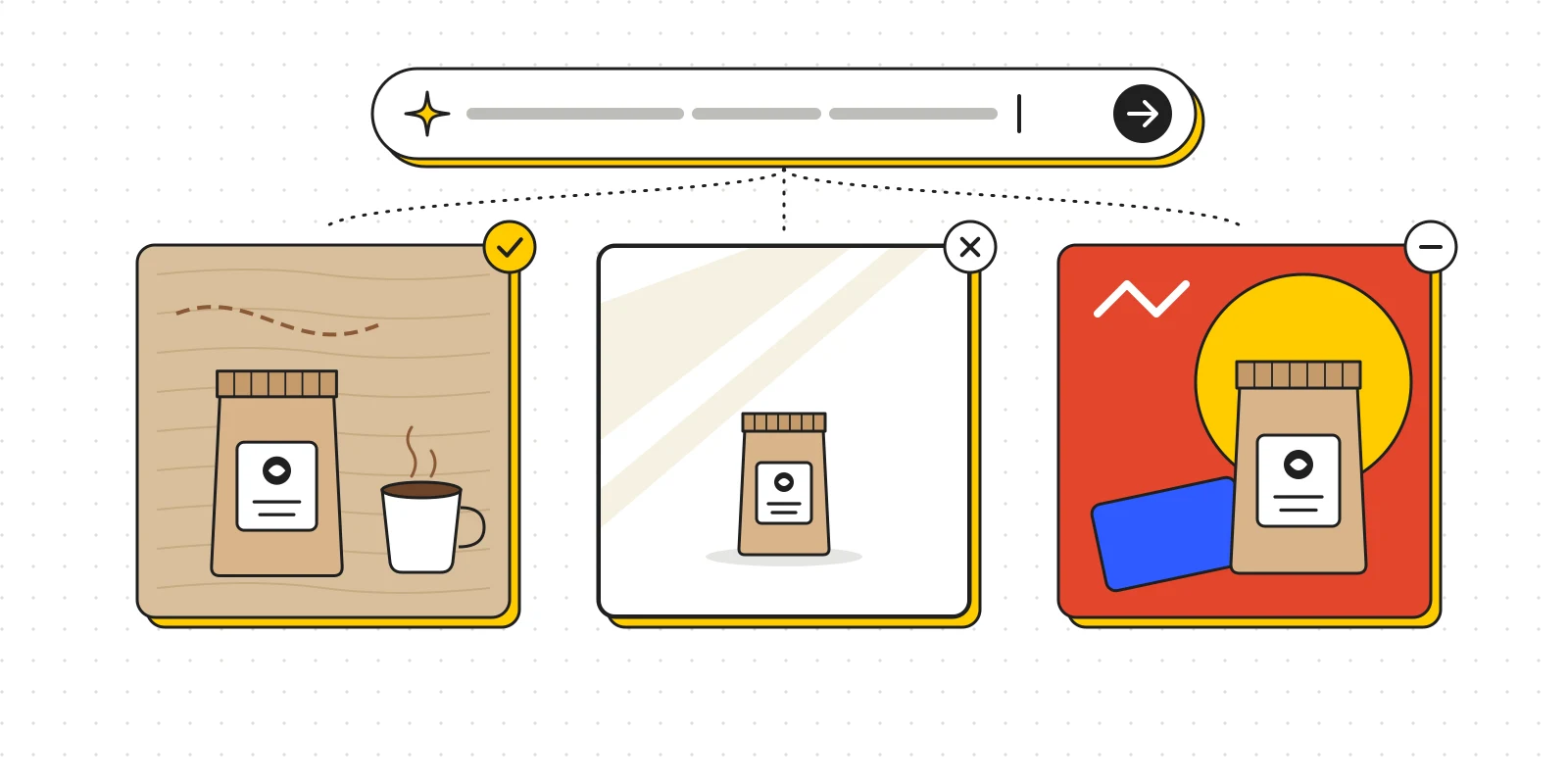 One prompt splitting into three visual directions for a coffee brand: crafted, minimal and bold, with one picked