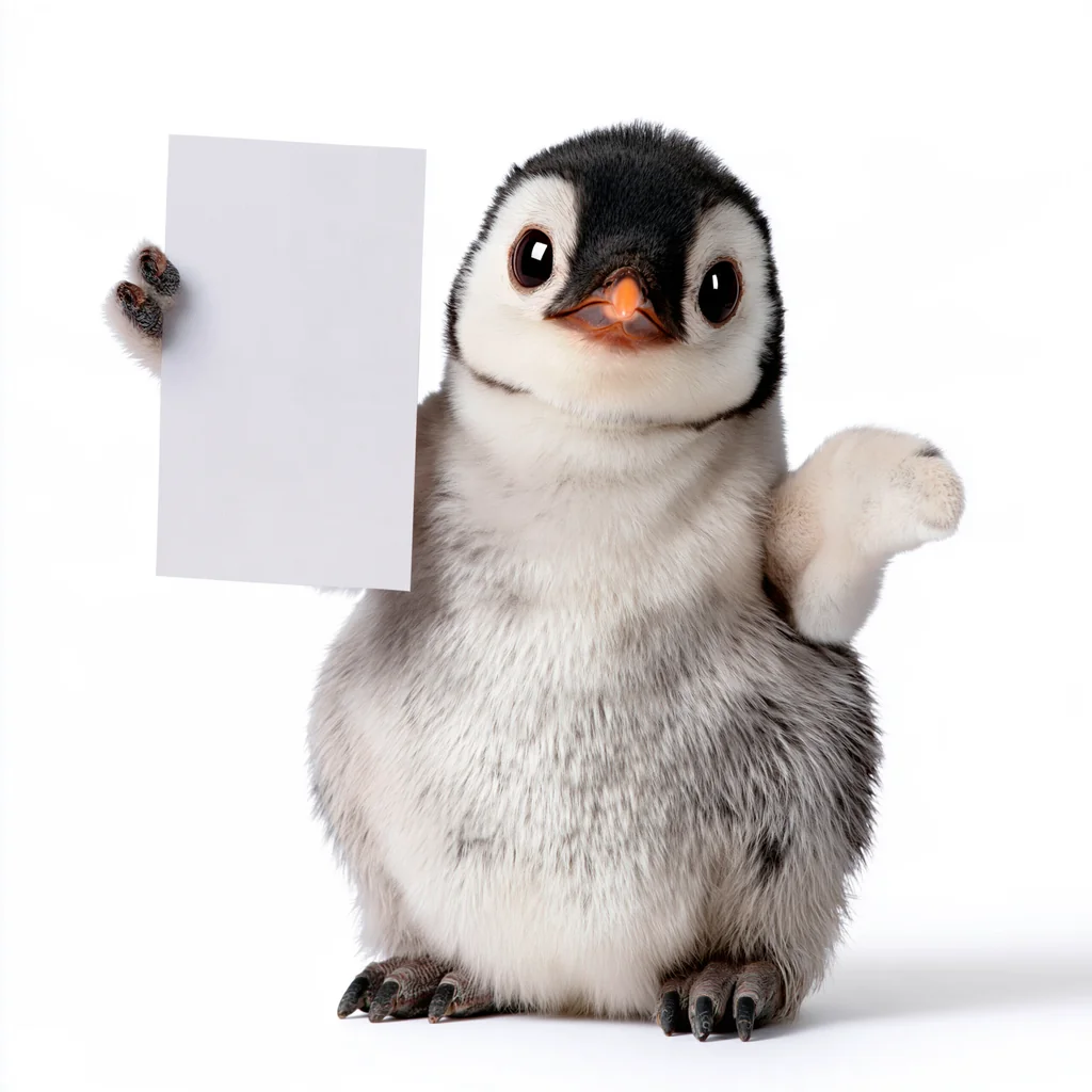 A chubby penguin chick holding a blank white sheet in a high-key white studio