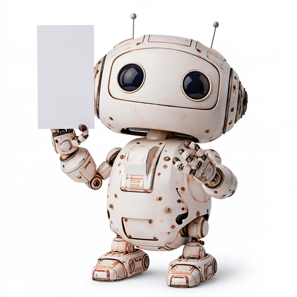 A small white robot with big glossy eyes holding a blank sheet on a white background