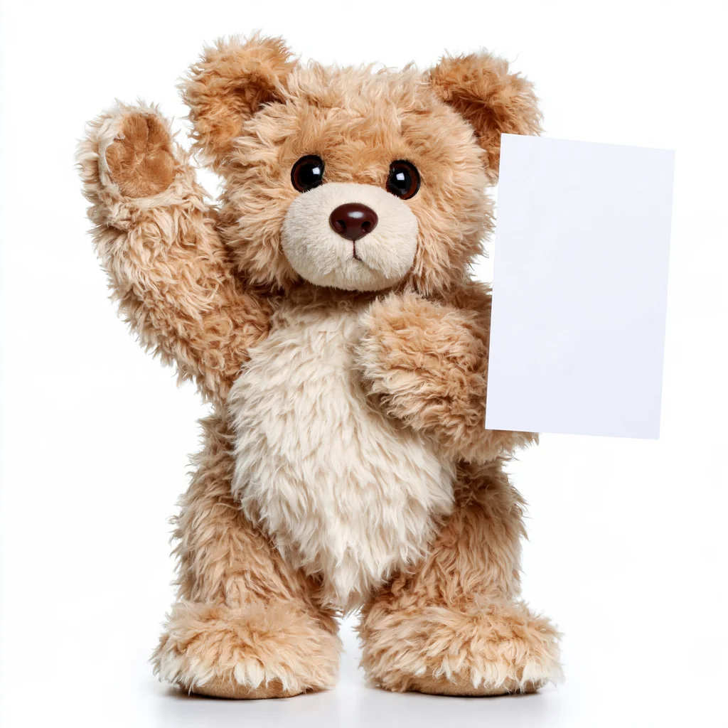 A teddy bear standing upright with a blank white sheet on a clean white studio background