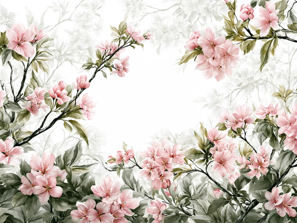 Cherry blossom branches as a botanical frame on white