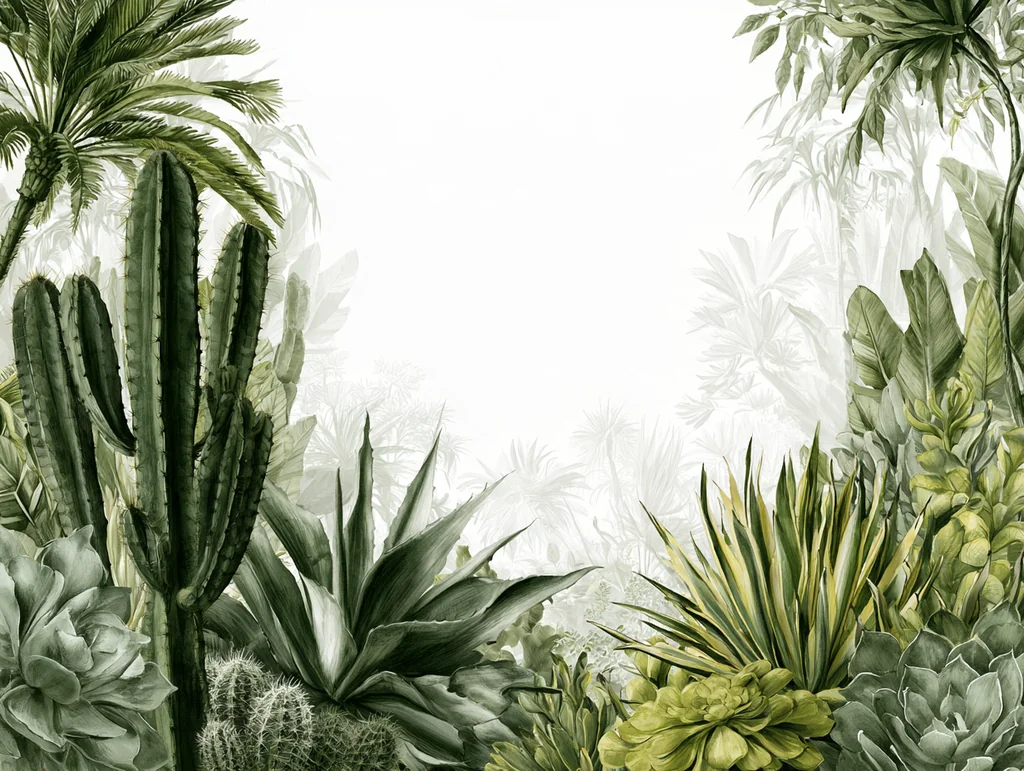 Cacti, agave and succulents as a botanical frame on white