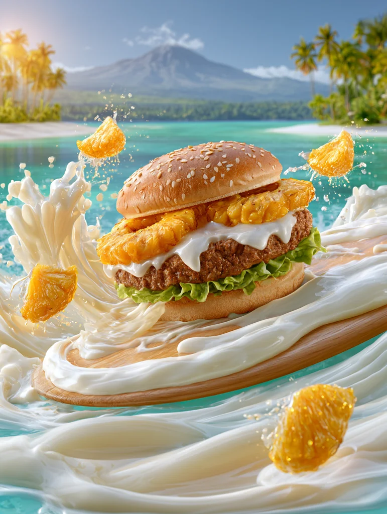 A Hawaiian burger surfing a wave of molten mozzarella on a wooden board, tropical beach