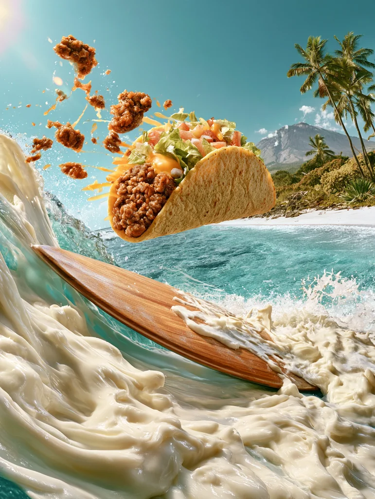 A beef taco surfing a wave of molten mozzarella on a wooden board