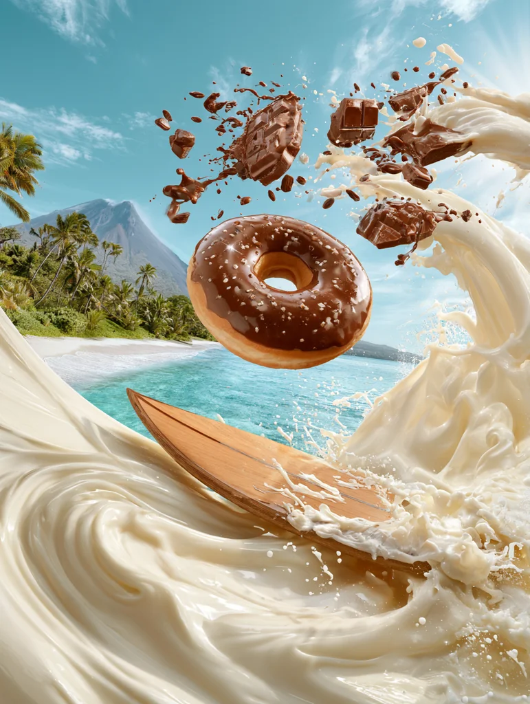 A glazed chocolate donut surfing a wave of molten mozzarella on a wooden board
