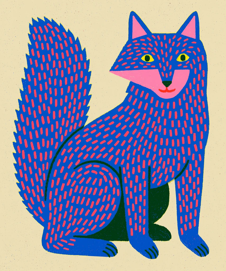 A cobalt fox covered in coral dash marks in grainy crayon print on cream paper