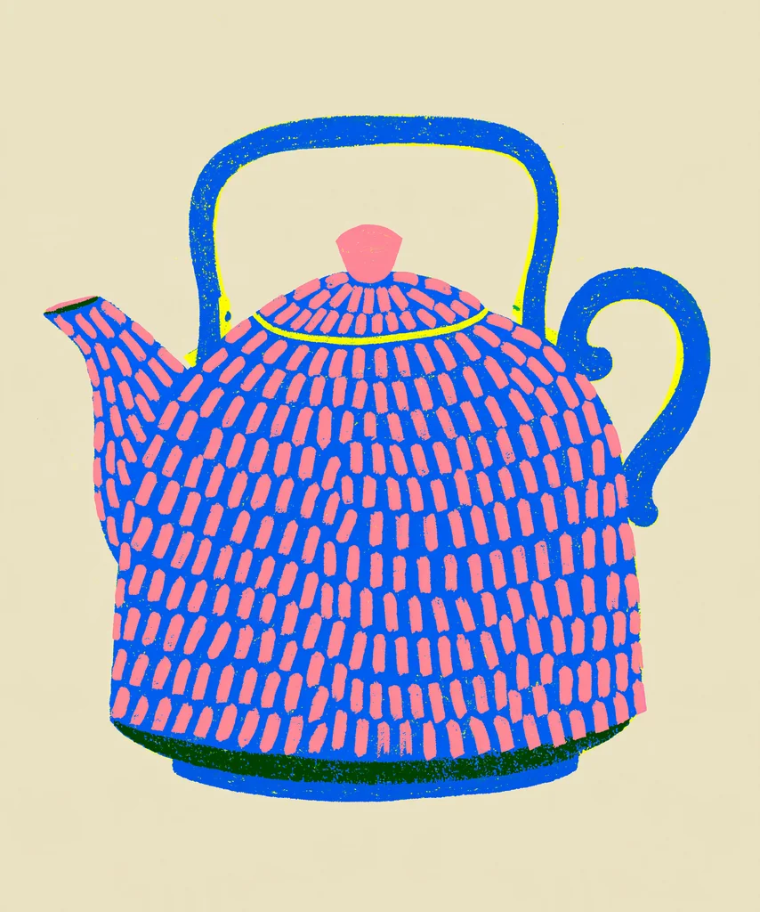 A blue teapot patterned with pink dashes in dry crayon print on cream paper