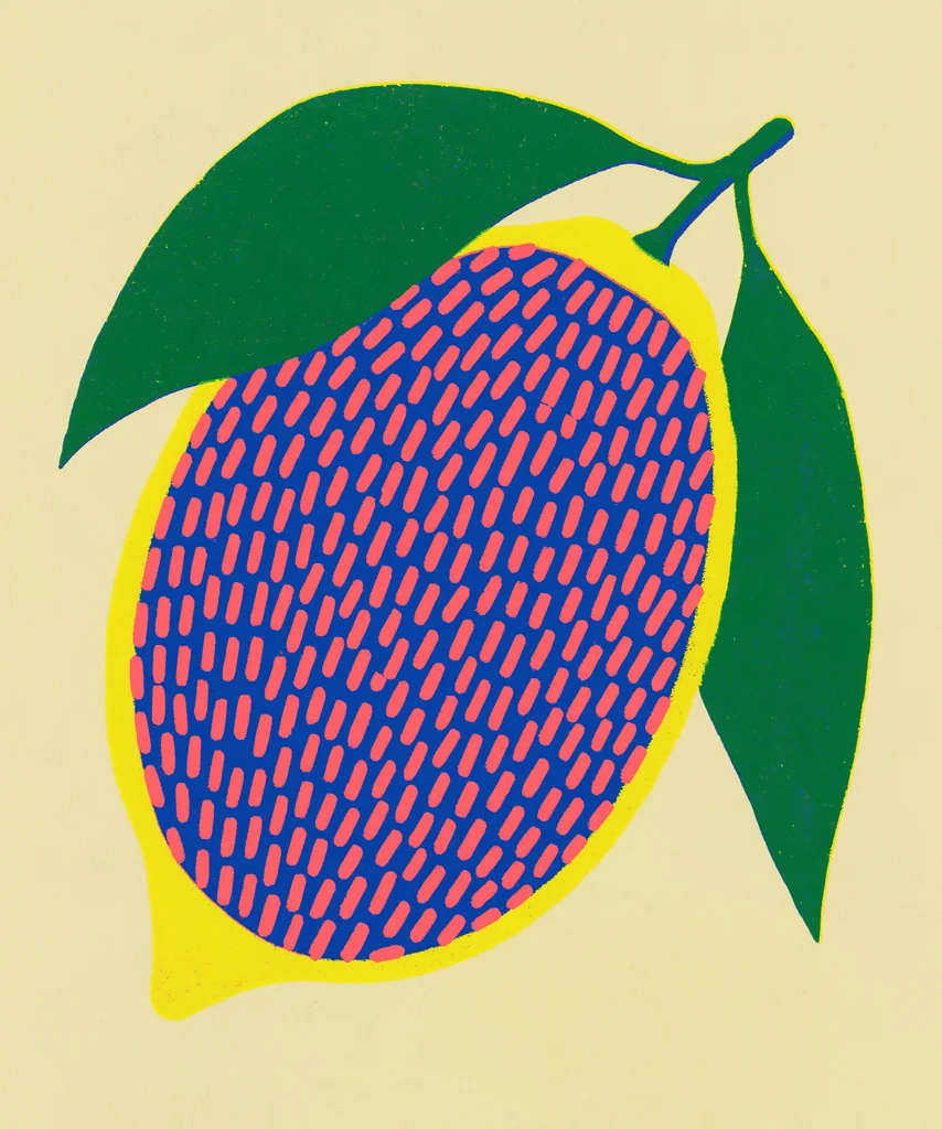 A lemon with cobalt and coral dash pattern and a deep green leaf on cream paper