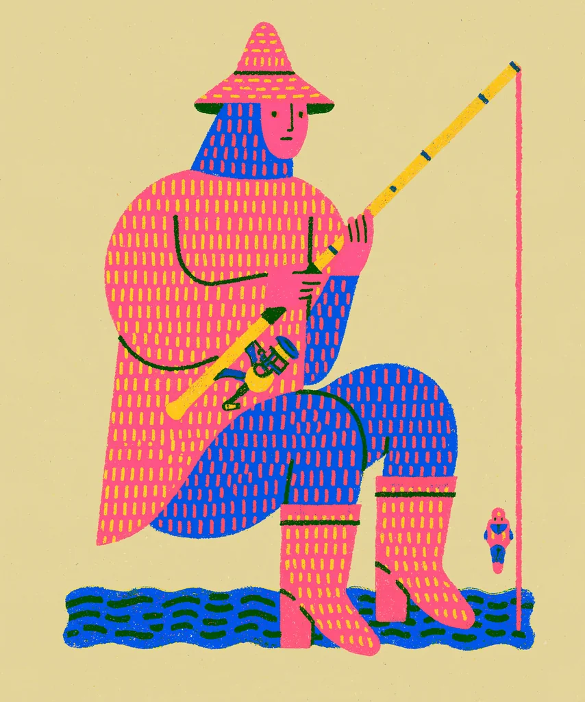 A seated fisherman in coral and cobalt dash pattern, crayon print on cream paper
