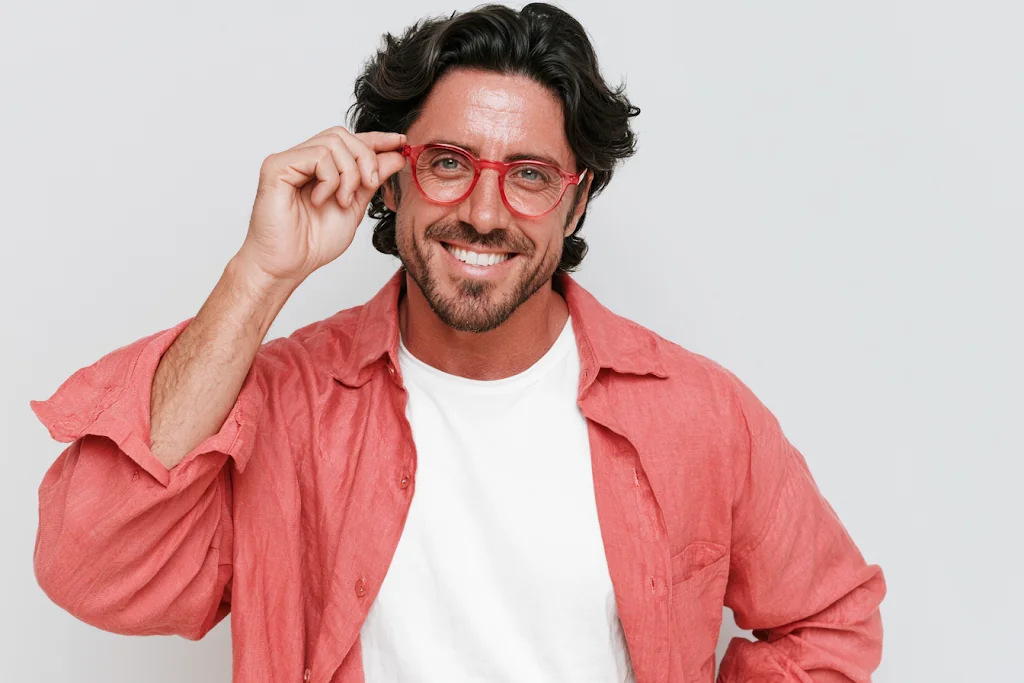 Smiling man in red glasses and an open coral linen shirt over a white tee, light gray studio