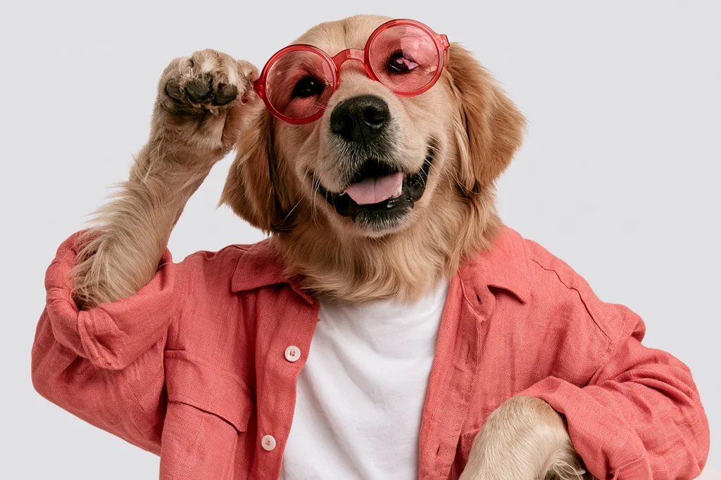 Golden retriever in red glasses and an open coral linen shirt, light gray studio