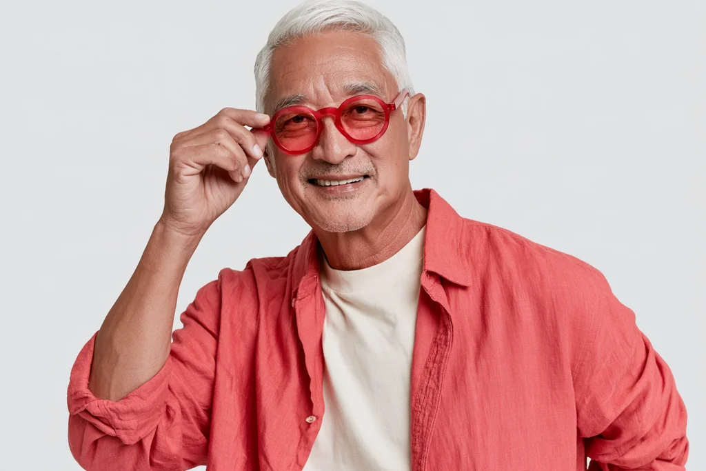 Elderly man with white hair in red glasses and an open coral linen shirt, light gray studio