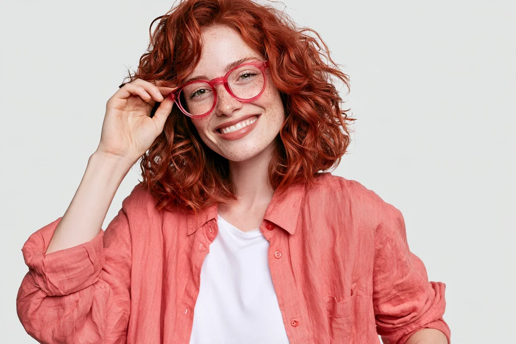 Red-haired woman with freckles in red glasses and an open coral linen shirt, light gray studio