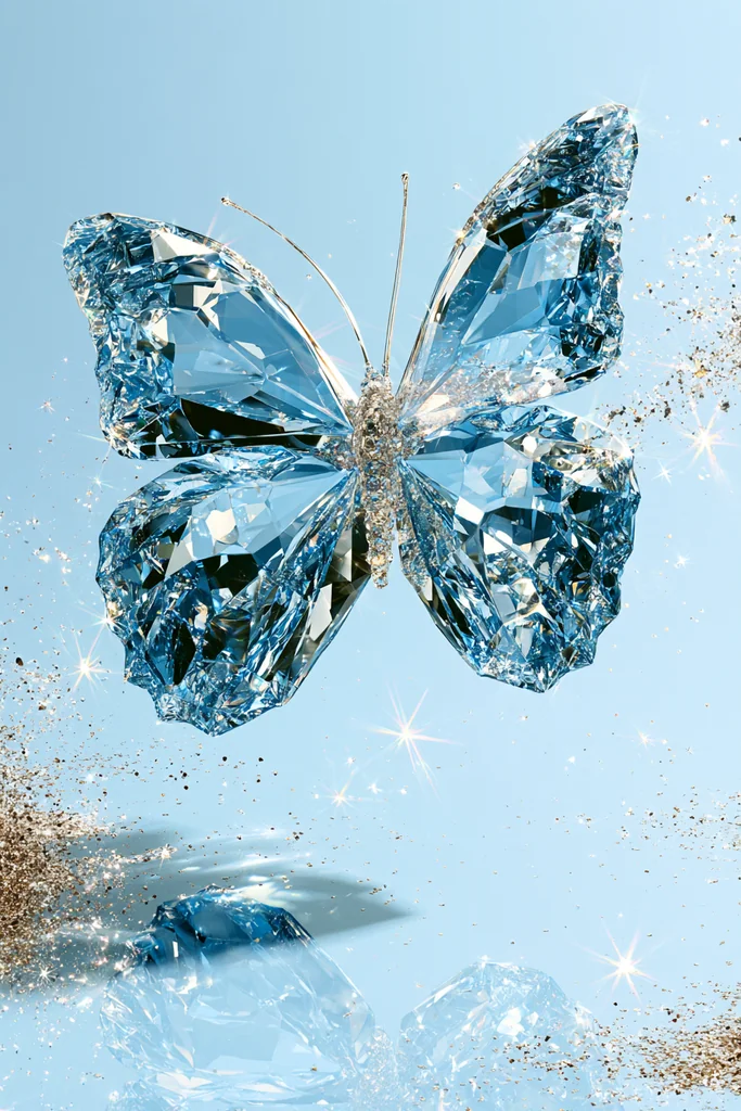 A blue butterfly made of sparkling crystals floating on sky blue with glitter dust