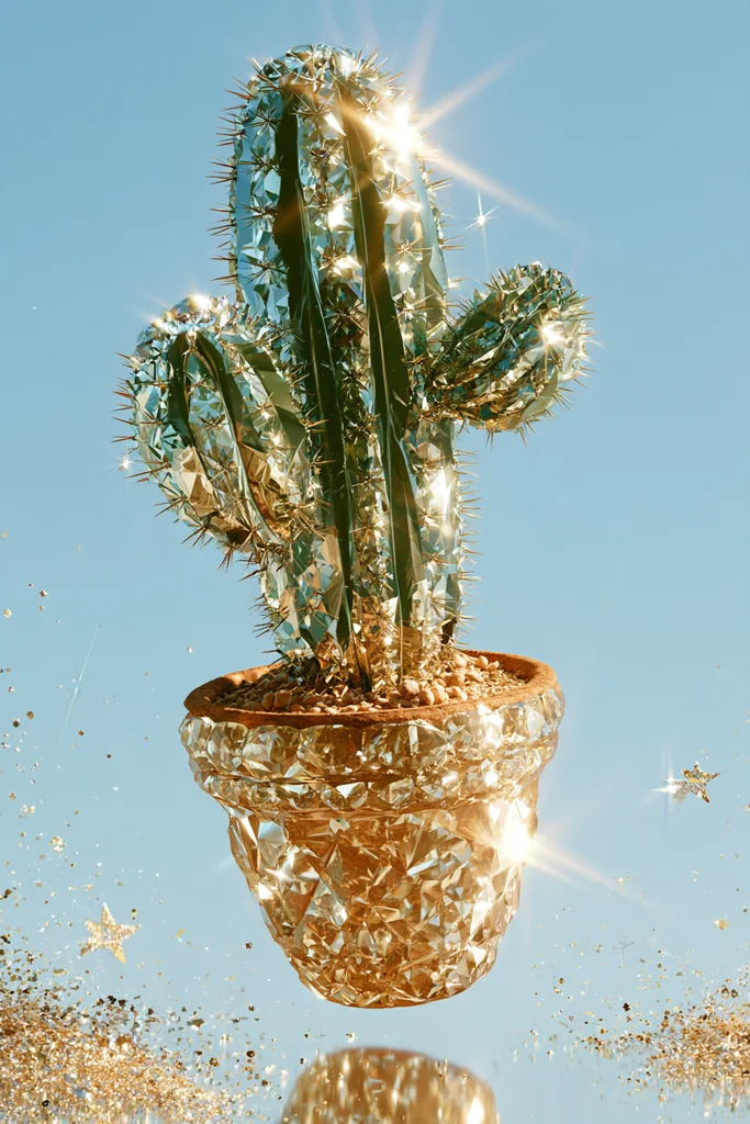 A cactus in a pot made of sparkling crystals floating on sky blue with glitter dust