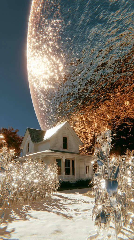 White farmhouse among glowing chrome plants under a huge glittering planet