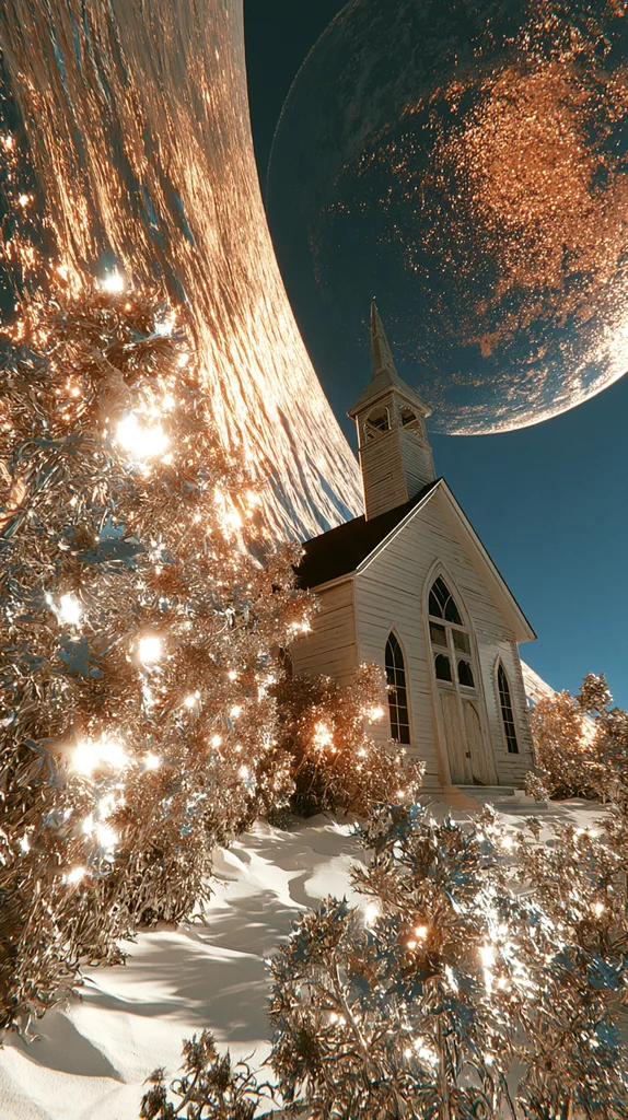 A small white church among glowing chrome plants under a huge glittering planet