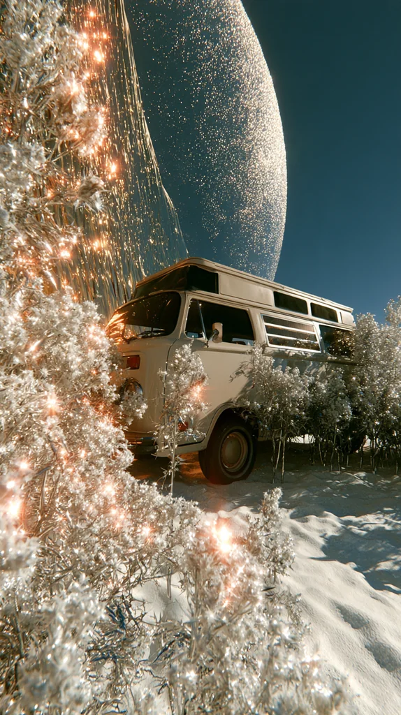 A vintage camper van among glowing chrome plants under a huge glittering planet