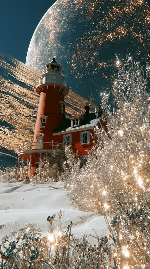 A red lighthouse among glowing chrome plants under a huge glittering planet