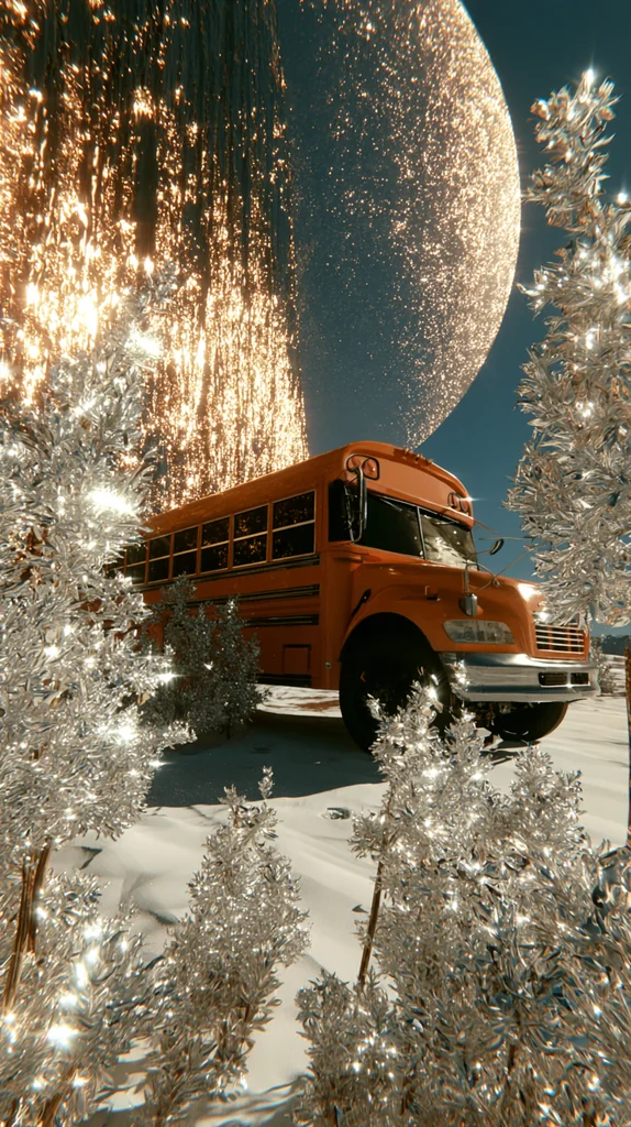 A yellow school bus among glowing chrome plants under a huge glittering planet