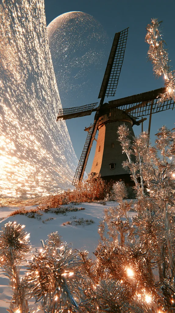 A Dutch windmill among glowing chrome plants under a huge glittering planet