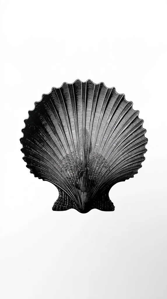 Ribbed seashell in black ink with grey gradient