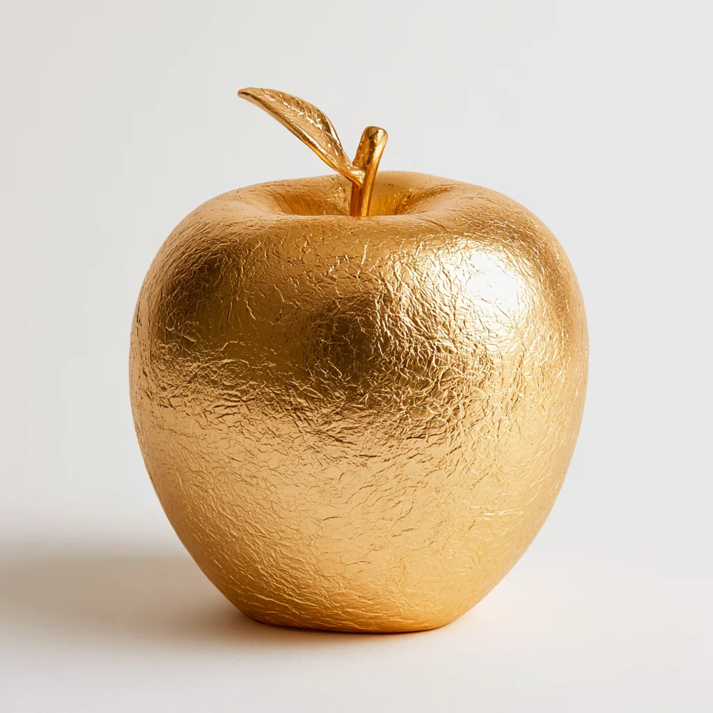 An apple covered in hammered gold leaf on pure white