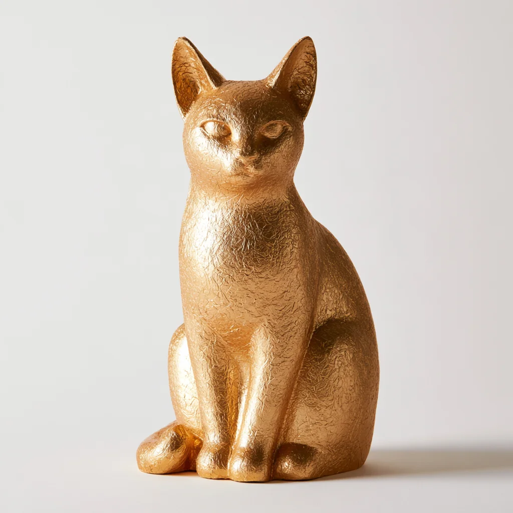 A sitting cat covered in hammered gold leaf on pure white
