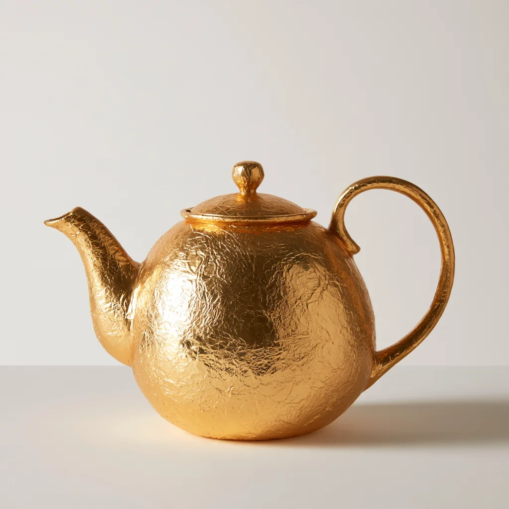 A teapot covered in hammered gold leaf on pure white