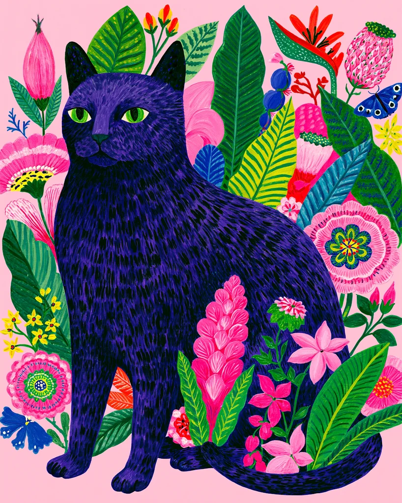 A dark cat painted in folk art gouache among oversized flowers and patterned leaves on pastel pink