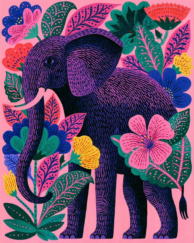 An elephant painted in folk art gouache with dash brush strokes inside a lush garden on pastel pink