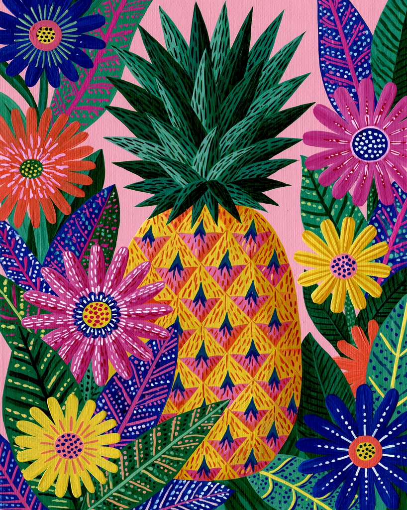 A golden pineapple painted in folk art gouache among oversized flowers on pastel pink