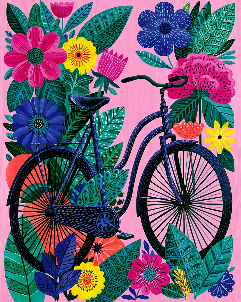 A dark vintage bicycle painted in folk art gouache surrounded by flowers on pastel pink