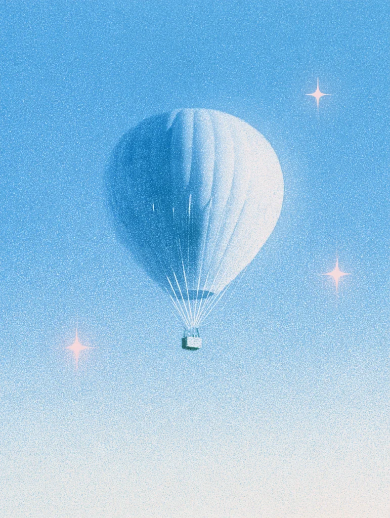 A hot air balloon floating in a grainy light blue starry sky