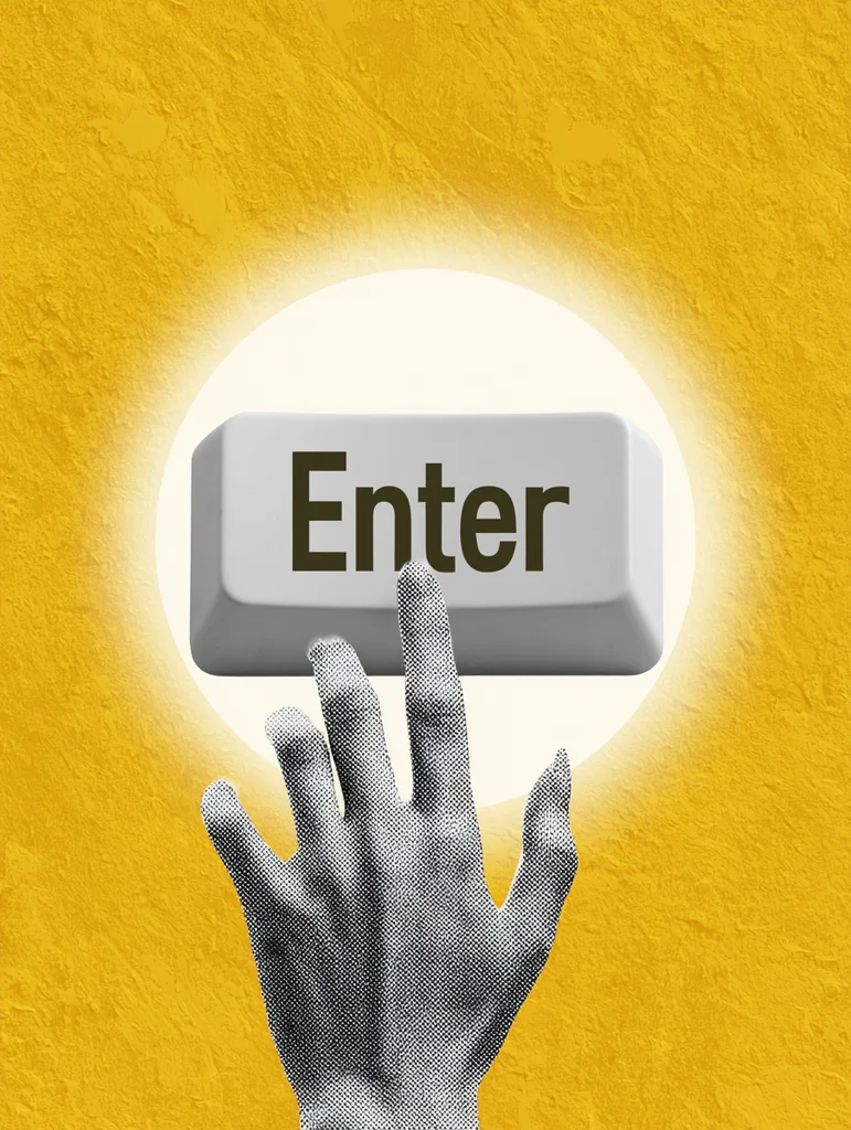 Halftone hand pressing a giant Enter key in a white halo on golden yellow