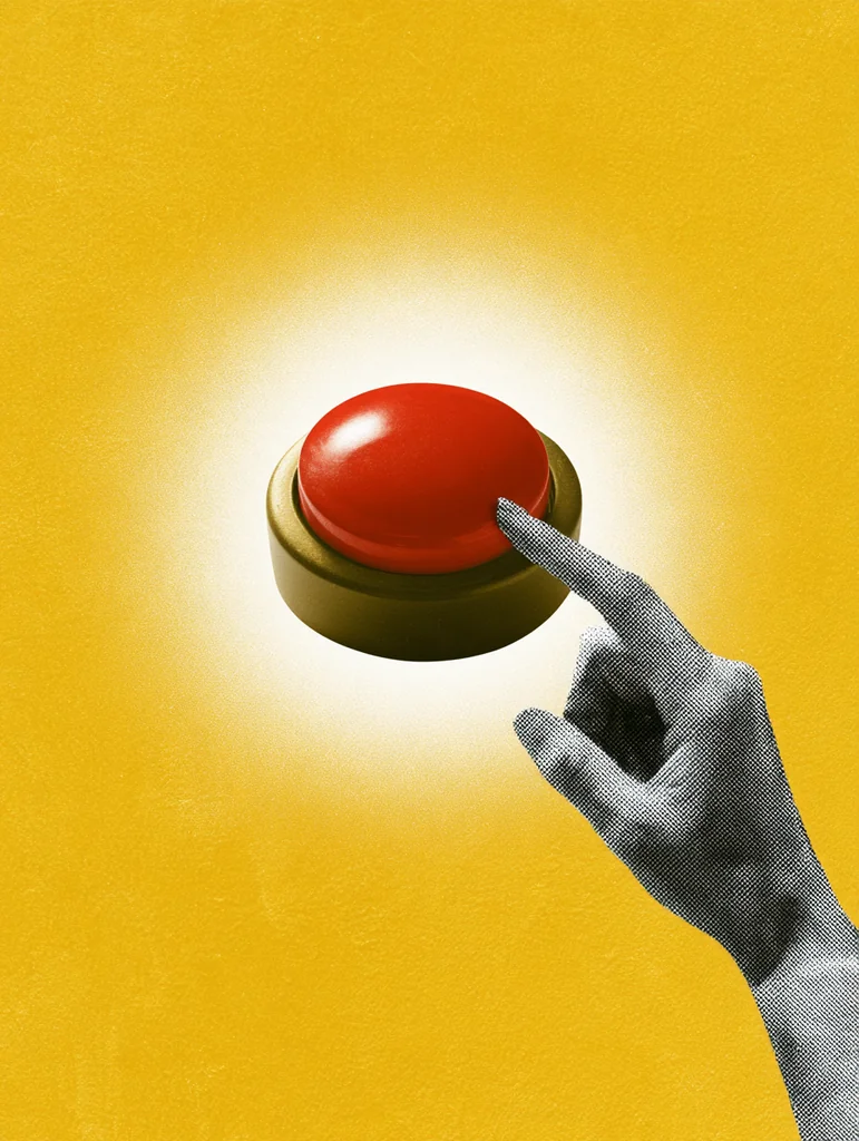Halftone hand pressing a big red round button in a white halo on golden yellow