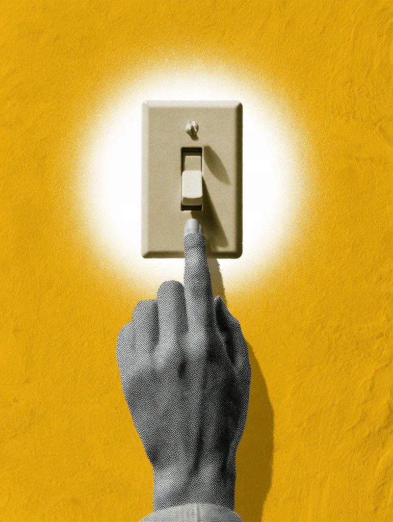 Halftone hand flipping a toggle light switch in a white halo on golden yellow