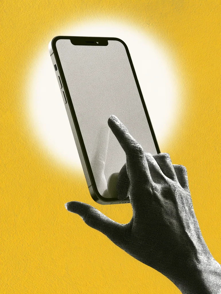 Halftone hand tapping a smartphone screen in a white halo on golden yellow