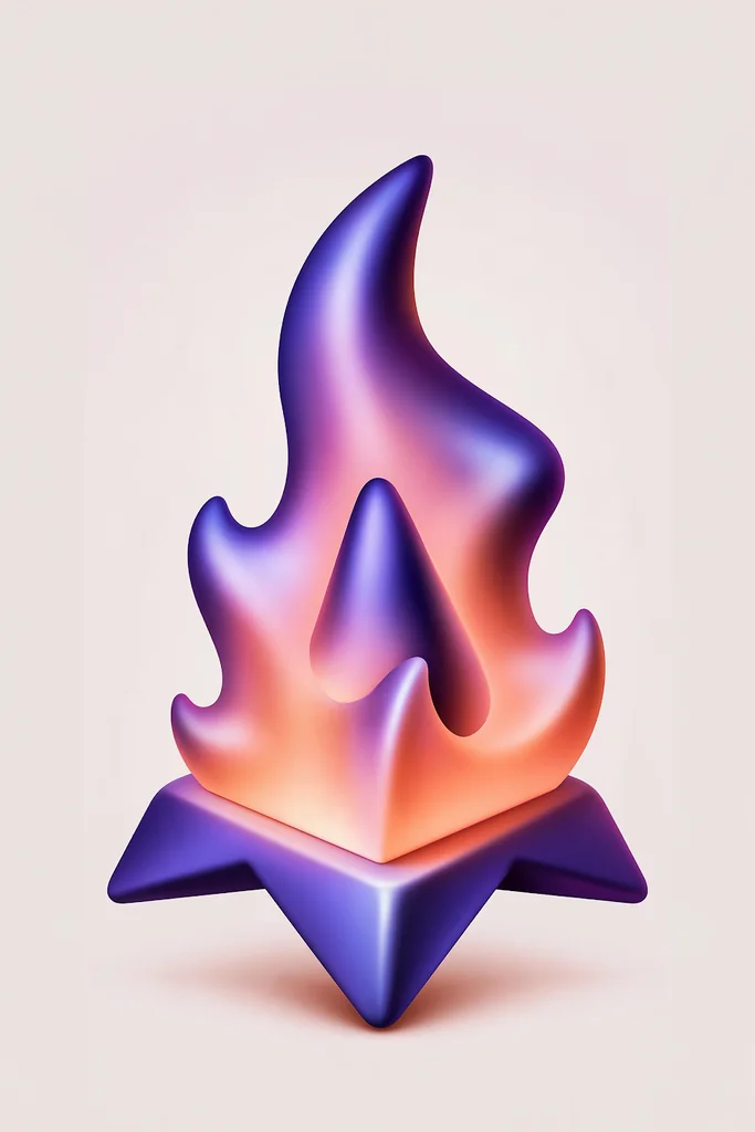 Glossy 3D flame emblem in an indigo-to-coral gradient