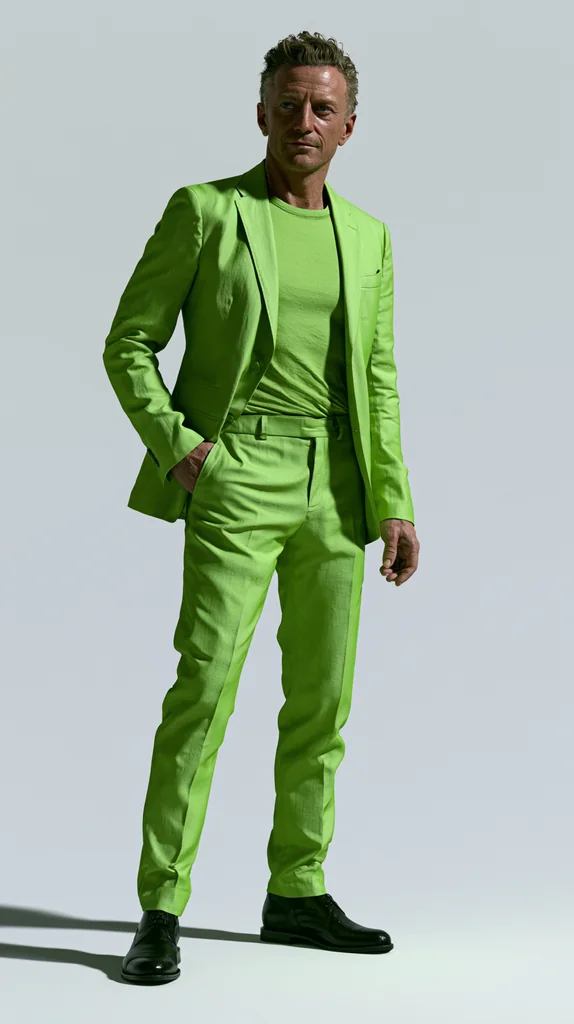 A man in a monochrome lime green suit and black shoes on a pale studio background with a long shadow