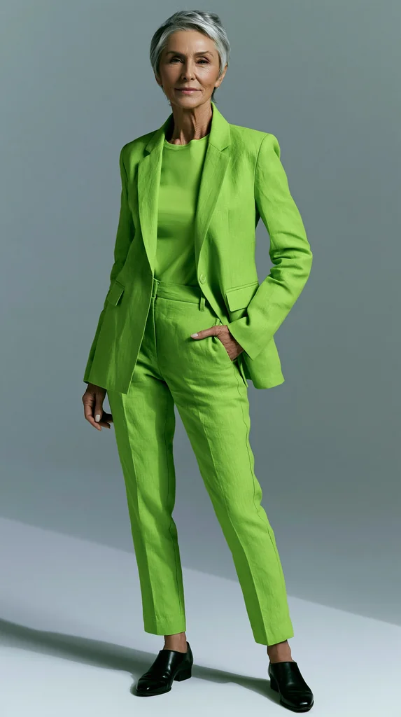 A silver-haired woman in a monochrome lime green suit in a pale grey studio