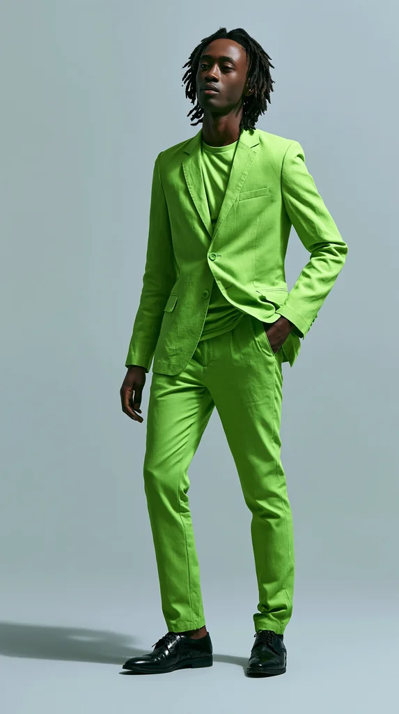 A young man with short dreadlocks in a monochrome lime green suit in a pale grey studio