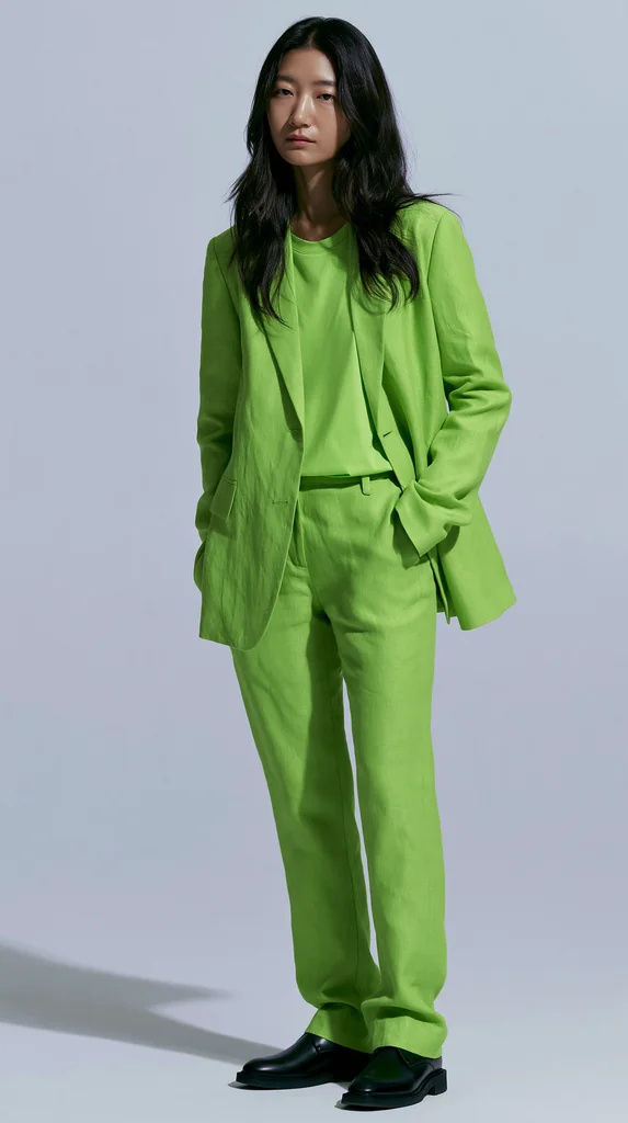 A young woman with long dark hair in a monochrome lime green suit in a pale grey studio