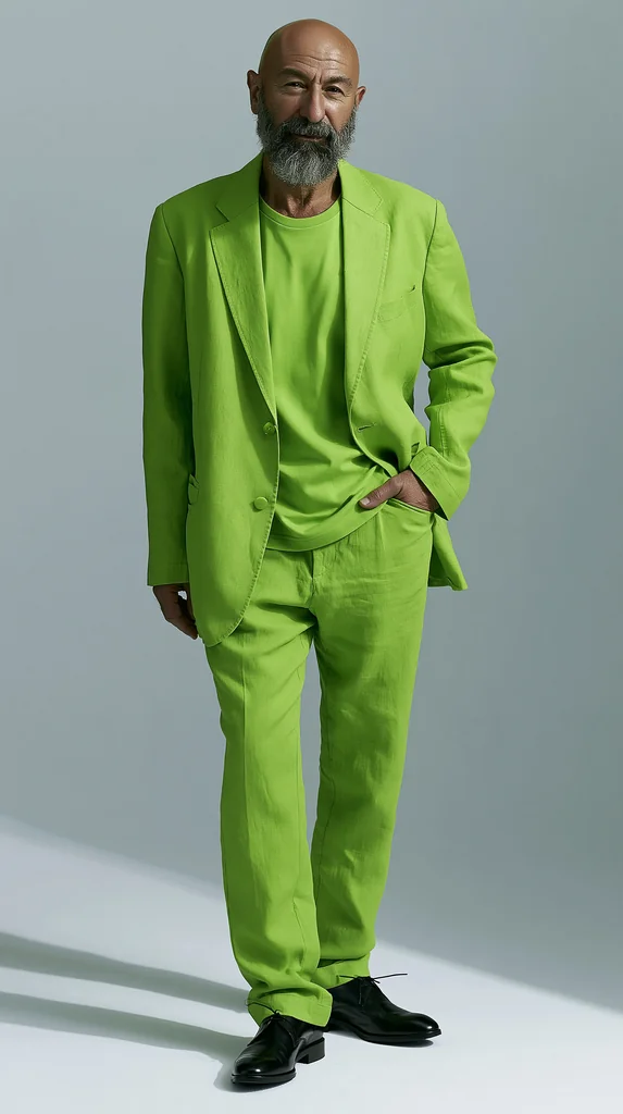 A bald bearded man in a monochrome lime green suit in a pale grey studio