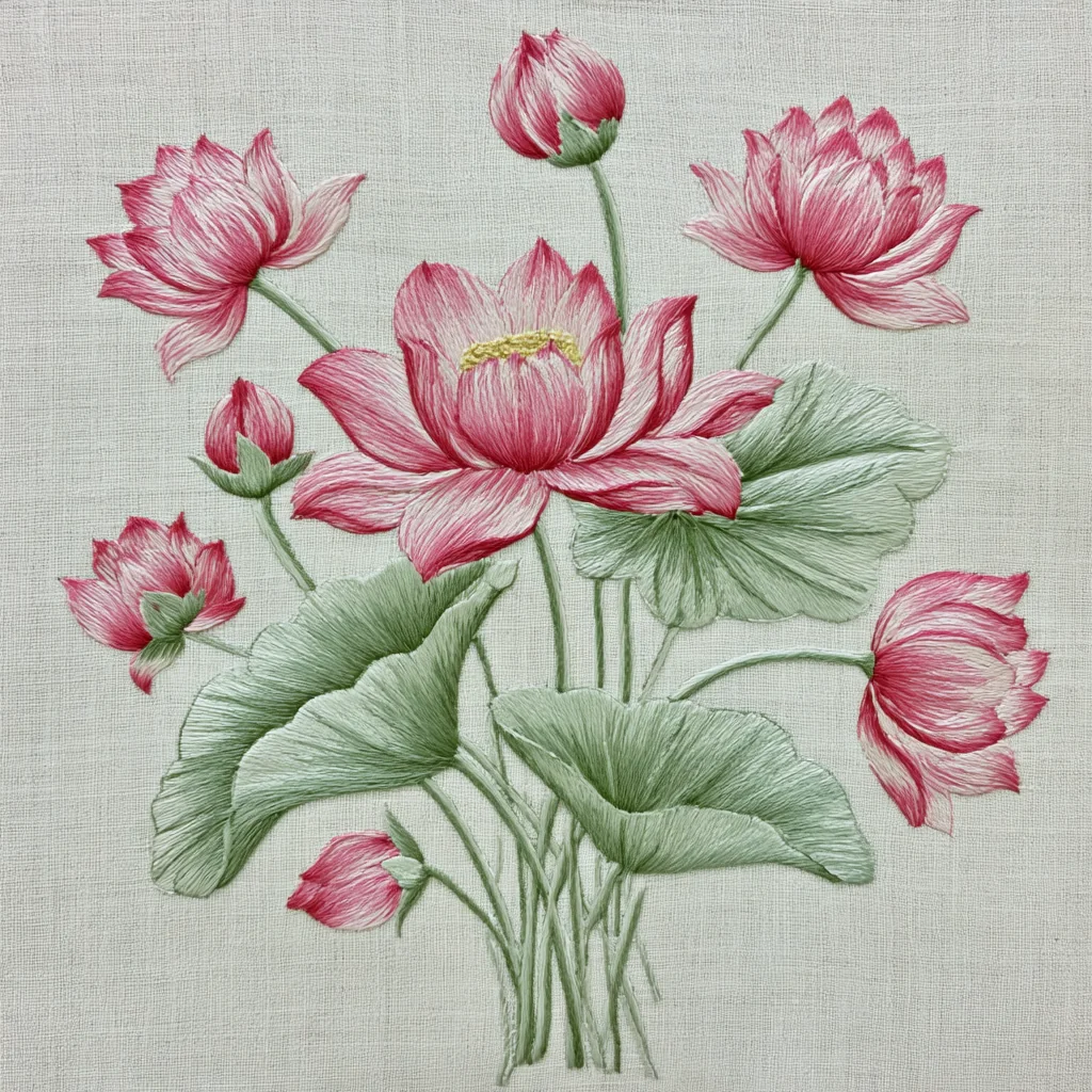 Pink lotus flowers embroidered in silk thread on natural linen