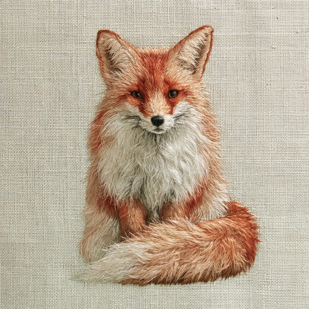 A red fox embroidered in silk thread on natural linen