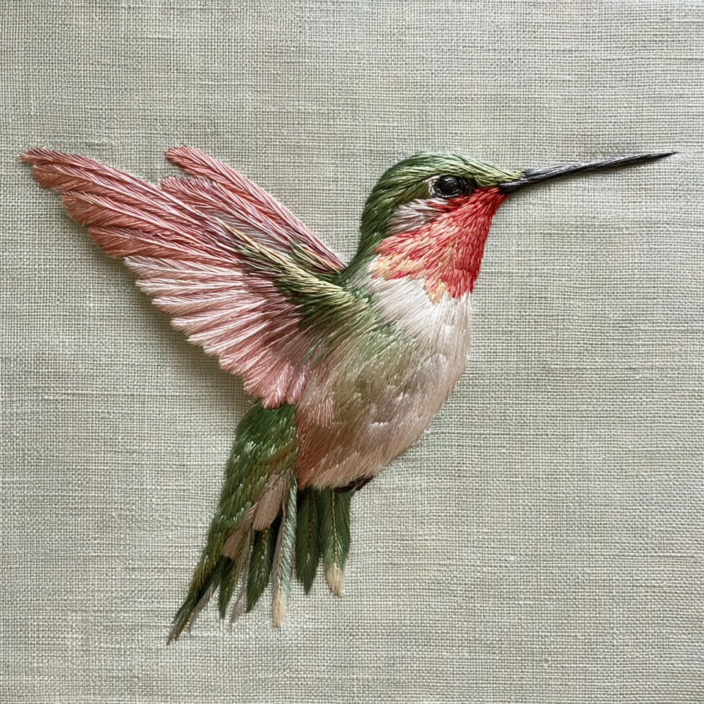 A hummingbird embroidered in silk thread on natural linen