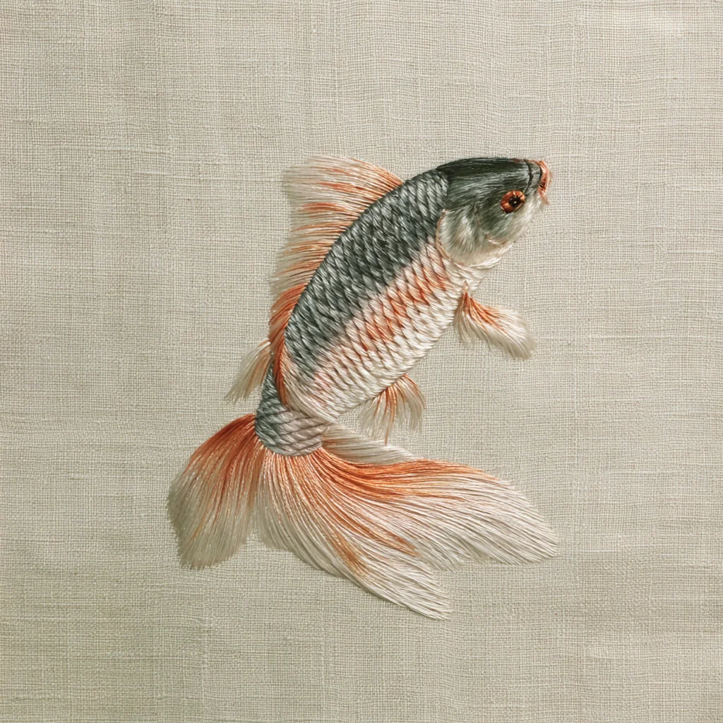 A koi fish embroidered in silk thread on natural linen