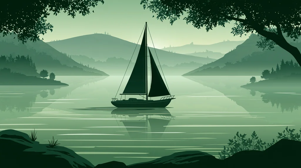 A sailboat silhouette on a calm lake in layered green paper-cut mist