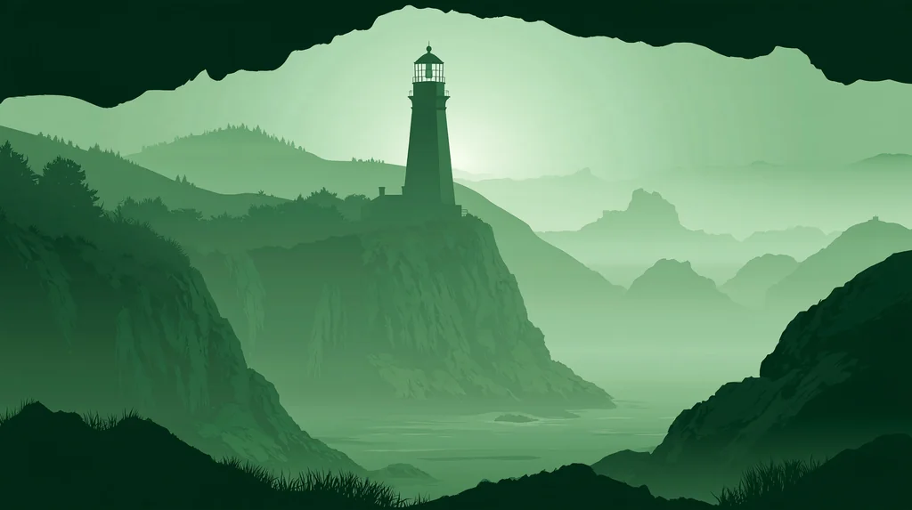 A lighthouse on a cliff in layered green paper-cut silhouettes with soft fog